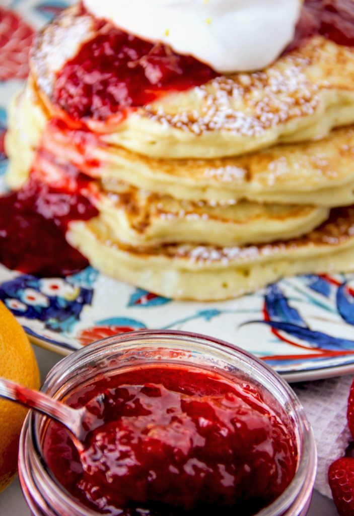 lemon ricotta pancakes with strawberry sauce by lindsay johnson of lady in the wild west for gen padalecki of now & gen wife of jared padalecki