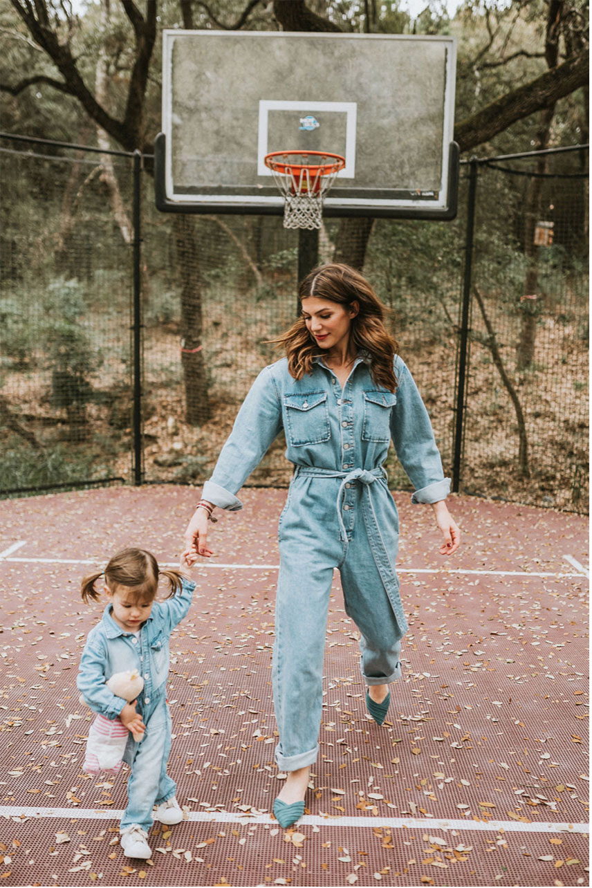 Gen and her daughter Odette in cute jumpsuits for spring